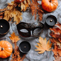 Halloween Black Mask Autumn Leaves Pumpkins Dark Aesthetic Flat Lay Setup