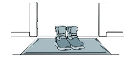 Fototapeta premium Continuous one-line drawing of winter boots on a doormat. Minimalist seasonal footwear concept. Simple line art sketch for home and entrance themes