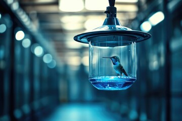 Obraz premium A vibrant hummingbird is confined within a modern glass feeder, illuminated in a cool blue urban environment, contrasting nature with artificiality.