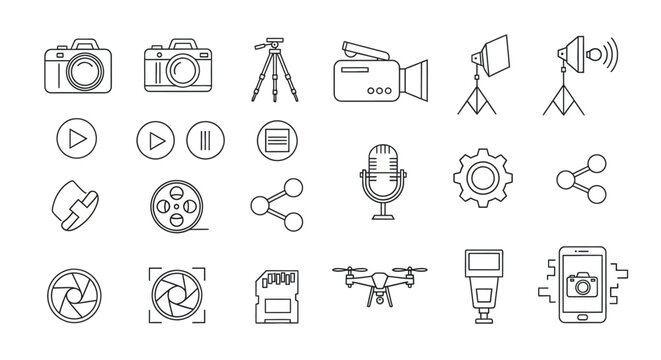 Hand-drawn collection of photography and videography line art icons. Sketch style media equipment symbols including camera, drone, and microphone.
