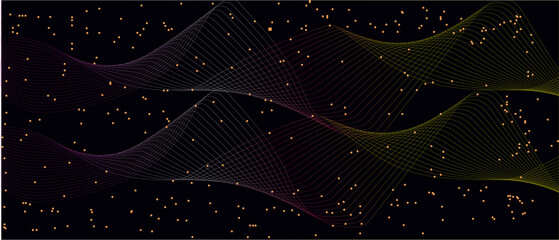 Abstract flowing lines and scattered particles on a dark background