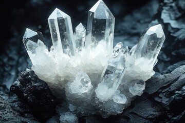 A captivating cluster of translucent quartz crystals with sharp points emerges from a granular matrix on dark rock, showcasing natural geological beauty.
