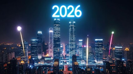 View of a futuristic city skyline illuminated by bright lights at night - Powered by Adobe