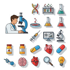 Scientist Examining Specimen Under Blue Microscope with Medical Icons.