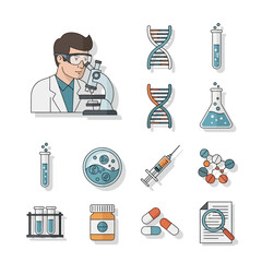 Scientist in lab coat with microscope, DNA, test tubes, syringe, pills, and document.