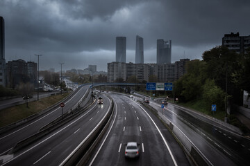 Urban highway scene under heavy clouds and rain with modern skyscrapers in the background. Dark and moody atmosphere, concept of transit, infrastructure and city life.