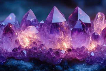 A vibrant cluster of glowing amethyst crystals displays stunning purple hues and intricate facets, illuminated by a warm, ethereal light.