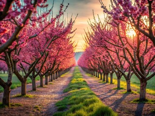 Fototapeta premium Scenic view of a blooming orchard with pink blossoms in spring at sunset, creating a beautiful landscape