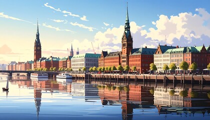 Fototapeta premium Animated cityscape with tall steeples and reflecting buildings