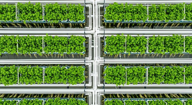 Hydroponic farming system with rows of vibrant green plants growing in a controlled environment, viewed from directly above.