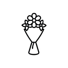 A line drawing of a bouquet with one large flower centered and two smaller ones flanking it The bouquet is wrapped and tied with a ribbon