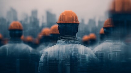 A silhouette of construction workers wearing orange helmets, set against a blurred cityscape, depicting themes of labor and urban development.