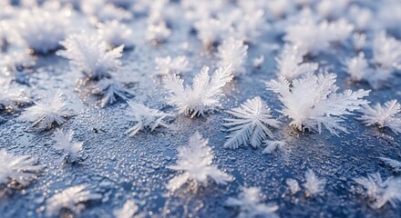 Obraz premium Closeup of delicate crystallized frost formations covering a reflective cooltoned surface