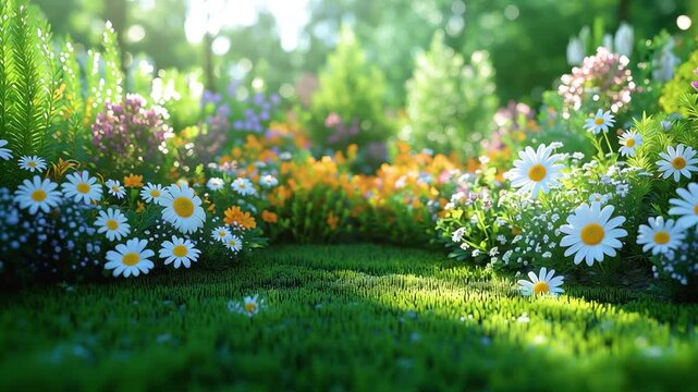 Spring's Embrace: A vibrant display of springtime blossoms carpet a sun-drenched garden, evoking feelings of renewal and tranquility. 