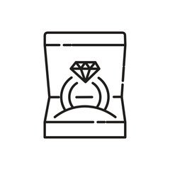 A line drawing shows an open jewelry box with a diamond ring inside