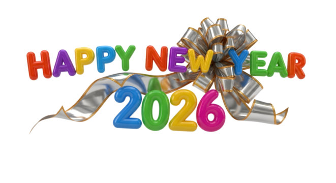Happy new year 2026 colorful text and bow isolated on transparent background