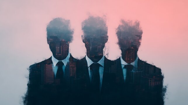 A surreal image of three faceless figures in suits, with urban cityscapes merging into their silhouettes against a soft, colorful backdrop.