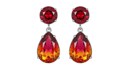 Elegant teardrop earrings with red and orange crystals isolated on transparent background