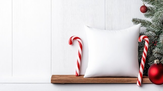 Stylish Christmas decor featuring a cozy bench, plush pillow, and festive candy canes beside a beautiful tree in a modern room