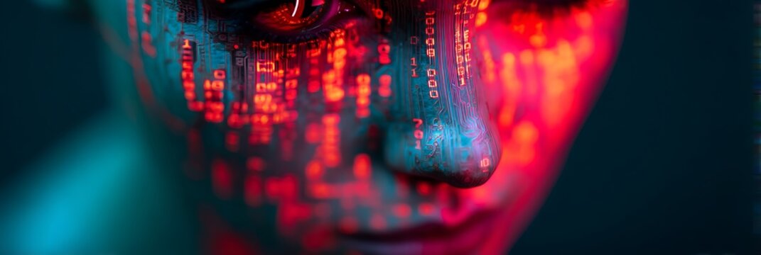 A futuristic portrayal of a face illuminated with digital code patterns, blending technology and human features in a vibrant color scheme.