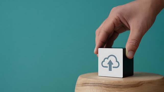 Modern solution for digital data management, with a hand placing a cloud upload cube, symbolizing efficient technology integration and secure storage