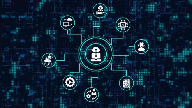 Cloud technology concept with digital icons connected to a central node, representing modern software development and data management solutions for business innovation - Powered by Adobe