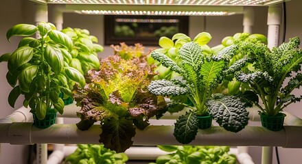 Indoor Hydroponic Garden with Various Leafy Greens and Herbs Under LED Grow Lights.