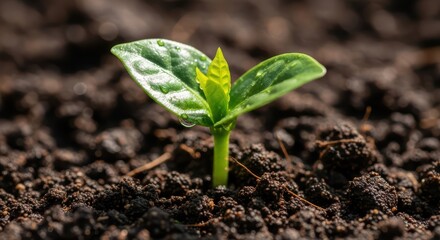 Fototapeta premium Young green seedling emerging in rich brown soil with sunlight