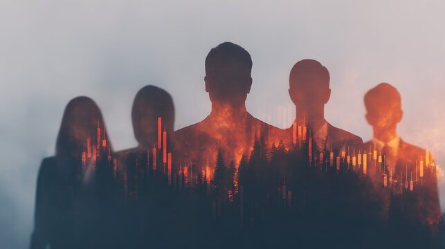 A group of silhouetted figures stands against a backdrop of flames and stock market charts, symbolizing the volatile intersection of finance and crisis.