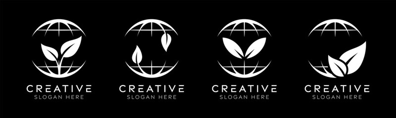 Set of earth nature logo design templates. Modern isolated earth with leaves design for green earth, environment and nature.