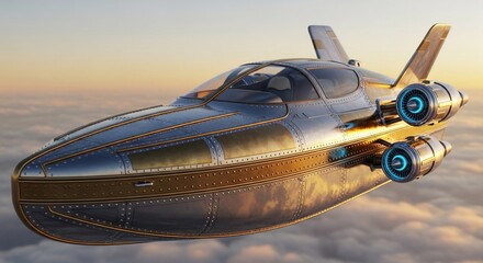 Futuristic Spaceplane Flying Above Clouds at Sunset, Metallic Body, Twin Engines, Winglets.