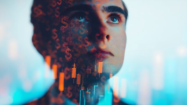 A digitally enhanced portrait of a man gazing upward, layered with abstract data patterns and financial symbols, evoking themes of technology and innovation.