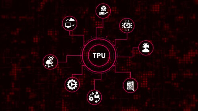 The concept of tpu, tensor processing unit, ai accelerator, artificial intelligence the acronym tpu in the middle of a network of icons on a blue background