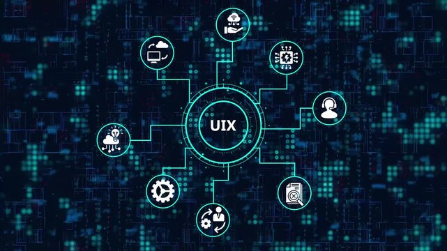 The concept of uix, user experience, user interface, usability the acronym uix in the middle of a network of icons on a blue background