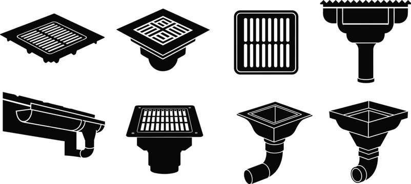 Roof drain silhouettes, plumbing components, rainwater system, architectural drainage, black icons, construction tools, pipe outlet, grate design, illustration set