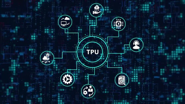 The concept of tpu, tensor processing unit, ai accelerator, artificial intelligence the acronym tpu in the middle of a network of icons on a blue background