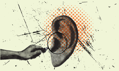 Deep Listening and Market Research: Magnifying Glass Examines a Human Ear, Symbolizing Focused Communication, Customer Feedback, Secrets, and Investigation.