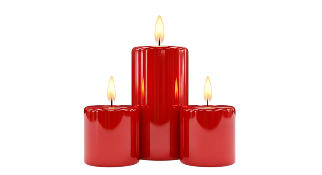 Three red candles isolated on transparent background are burning brightly