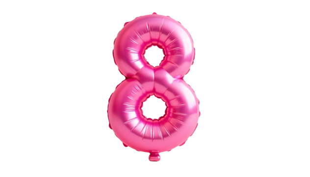 Pink shiny number eight balloon isolated on white background, metallic foil style numeral for birthday party, celebration, anniversary, or festive decoration use