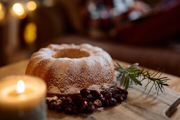 Christmas dessert, homemade Kouglof on the table at home.