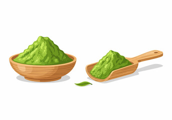 A vibrant vector illustration of fine green matcha tea powder piled high in a natural wooden bowl and a carved serving scoop, accented by a single fresh tea leaf on a white background