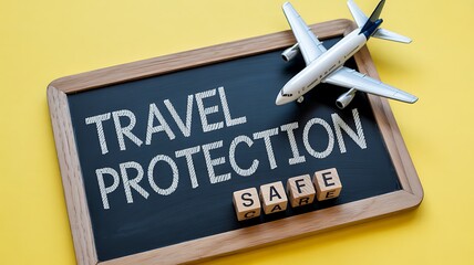 Travel protection and safety concept featuring an airplane, chalkboard, and safe cubes on a vibrant yellow background