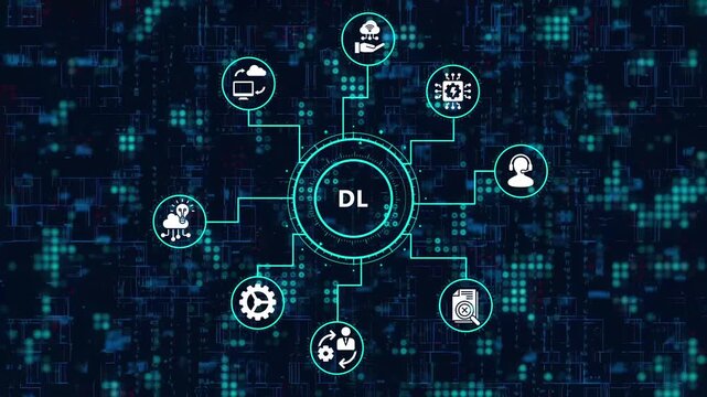 Deep learning dl concept the central circle is surrounded by icons representing various aspects of dl, such as neural networks, algorithms, and data analysis