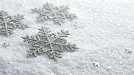 Minimal holiday background with silver snowflakes on white textured surface.