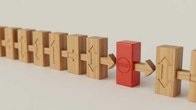 A single red domino with a stop sign creates a significant bottleneck, disrupting the continuous flow in a line of wooden blocks