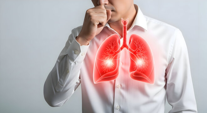 Worried man coughing with inflamed lungs illustration for medical awareness, healthcare, respiratory illness, and lung disease educational content - Powered by Adobe