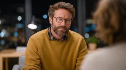 Human resources director sitting across from tearful employee in a warmly lit private office, listening attentively and offering comforting words — concept of empathetic leadership, workplace