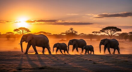 Fototapeta premium Elephant Family Walking at Sunset in African Savannah.