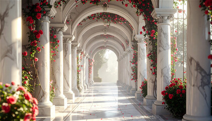大理石の柱と赤いバラが美しい回廊。光が差し込む優雅な建築様式。 generative ai