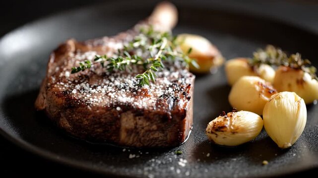 lamb chops with herbs, grilled meat, pork, beef, garlic